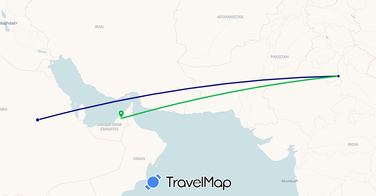TravelMap itinerary: driving, bus in United Arab Emirates, India, Saudi Arabia (Asia)